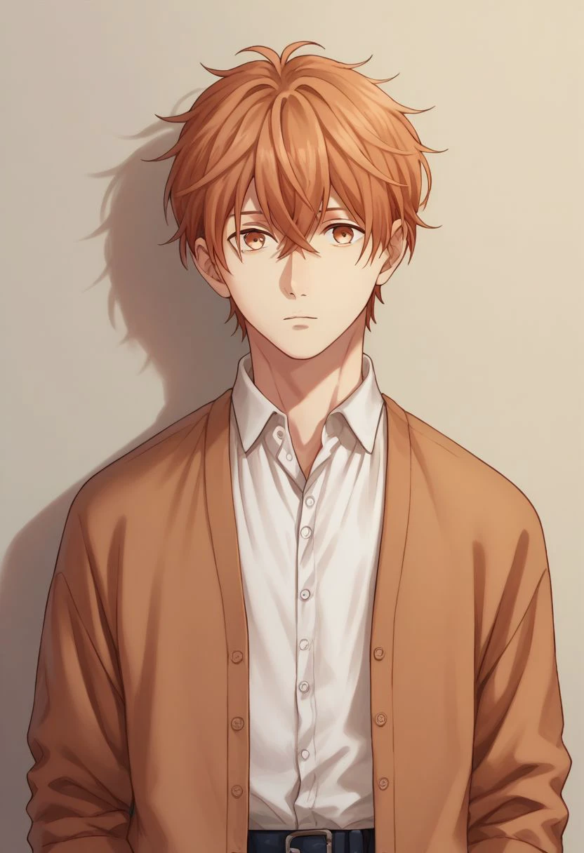 score_9, score_8_up, score_7_up, source_anime, highly detailed, skinny, 
mafuyu, 1boy, male focus, solo, brown eyes, salmon hair, hair between eyes, shirt, white shirt, collared shirt, cardigan, pants, expressionless, upper body,
indoor,