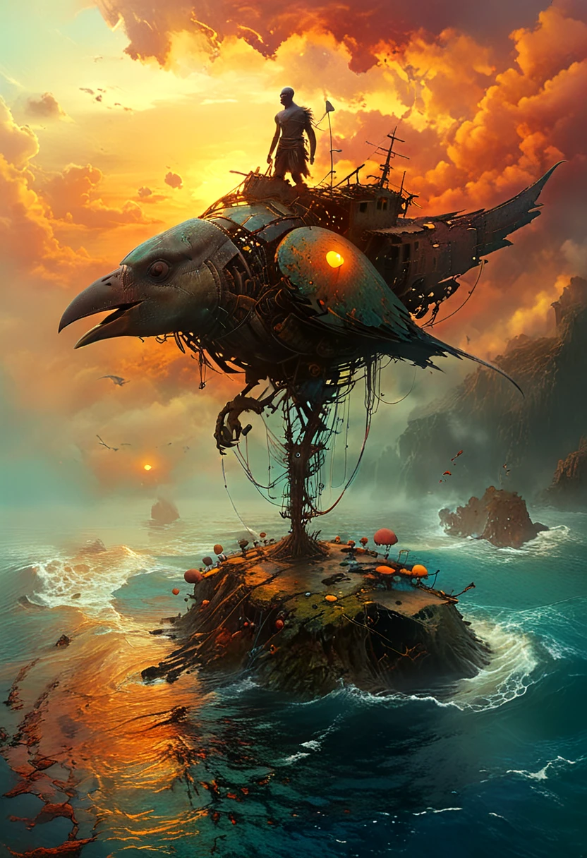 wide shot of Haroun on a mechanical bird, vibrant colors, ocean of stories, swirling waters, magical light, adventurous, sunset, epic scenery, determined expression, ready for journey
extremely detailed,dark, easynegative, digital artwork by Beksinski, extremely detailed, dark, chiaroscuro, low-key,in the style of Kelly Slater ,style by Kelly Slater,closeup,digital artwork by Beksinski, style of Kelly Slate