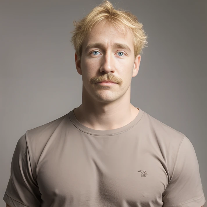 absurdres, portrait, straight-on, <lora:Johness2011:0.8>, johness, (tareme:0.7), muscular male, brown shirt, grey background, (mustache:0.8), blonde hair