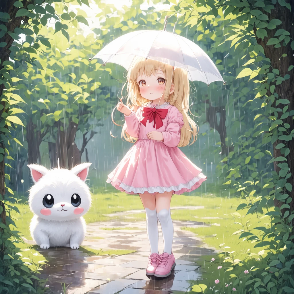 cute style,A cute anime-style girl with light blonde hair and pink cheeks, wearing a pink dress, a red bow, white stockings, and pink shoes. She is holding a transparent umbrella and standing on a rainy path with greenery on both sides. Beside her is a cute, round, white creature with large eyes and a happy expression. The scene has a whimsical, dreamy feel with soft lighting and a slightly dark, misty background.