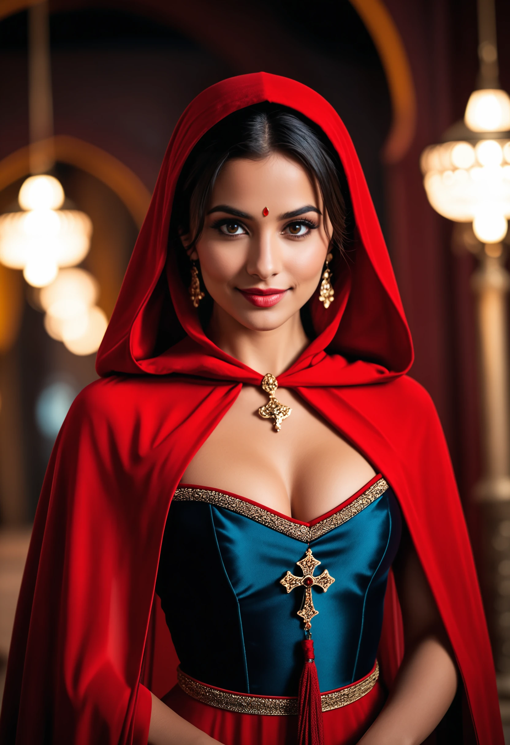 cinematic film still beautiful woman, solo, jasmine \(aladdin\), dark hair, metal collar, (high ponytail), tiny crown, persian woman, (smirk), cross-cross halter top, long bright red:1.2 dress<lora:Addon_MetalCollar:0.8>, dr3ss, standing, long dress, form-fitting, wearing hood, capelet, cleavage, <lora:ERRRH-60-PDXL:1.2>  . shallow depth of field, vignette, highly detailed, high budget, bokeh, cinemascope, moody, epic, gorgeous, film grain, grainy