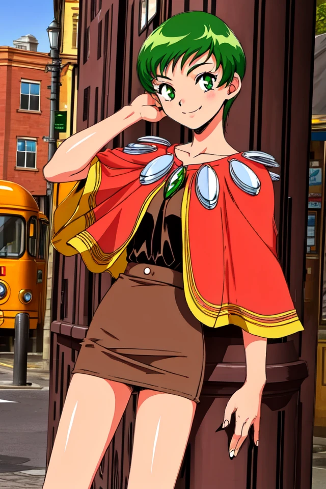 1 girl, outdoors, city, standing, smile,
 <lora:Thousand_Arms_-_Kyleen_Nelphe:0.7> takyleen, green hair, short hair, green eyes,
capelet, short skirt, brown skirt,