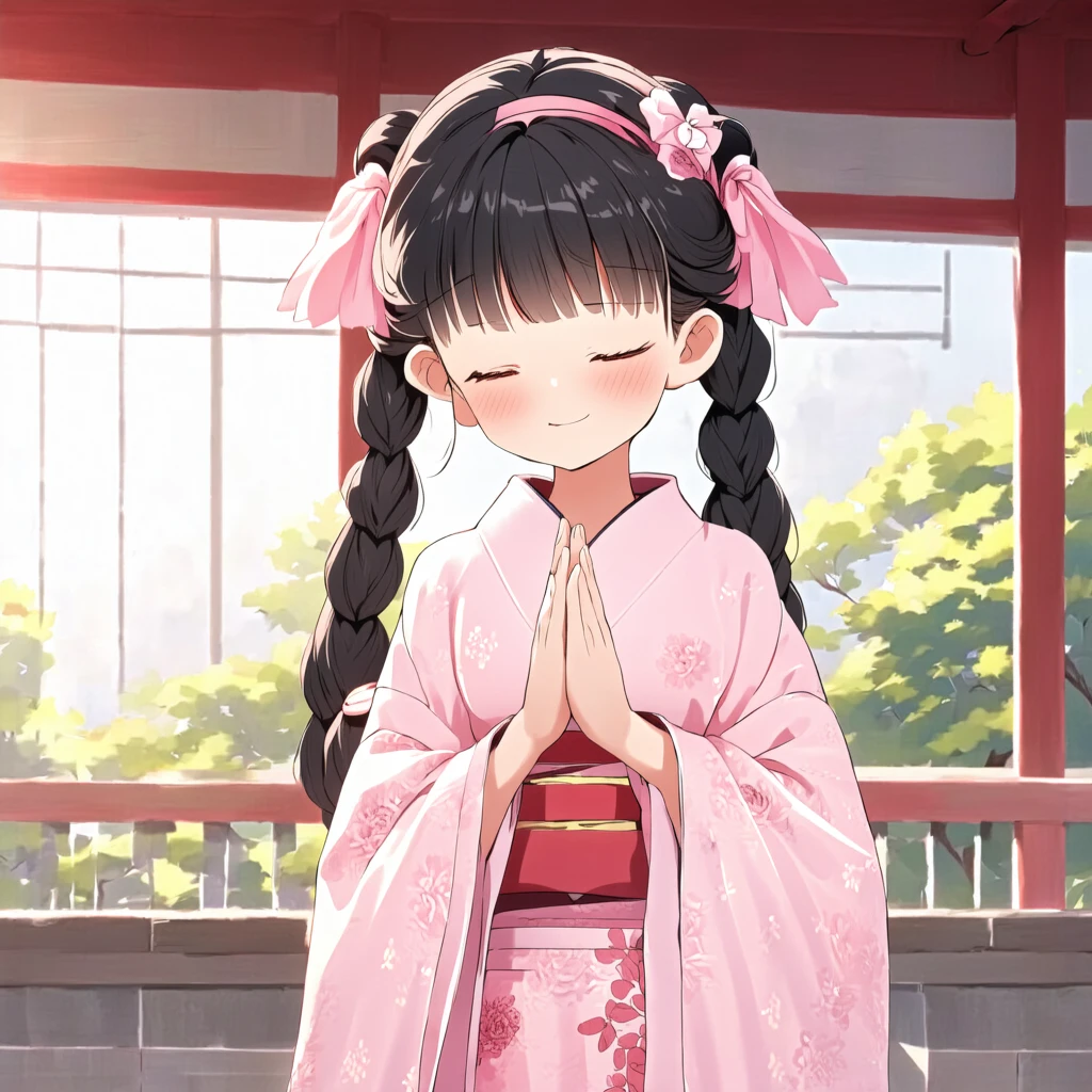 cute style, A serene anime-style girl with long, dark braids and pink hair accessories, wearing a traditional light pink kimono with floral patterns. She has her eyes closed and hands clasped together in a prayerful pose. The background features traditional Japanese architecture and soft, warm sunlight, creating a peaceful and contemplative atmosphere.