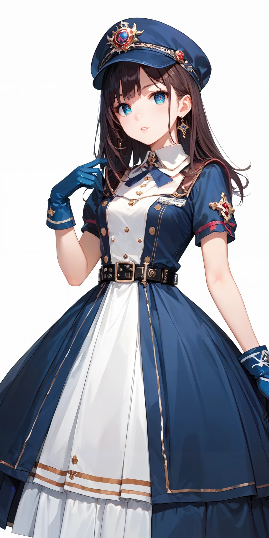 score_9, score_8_up, score_7_up,source_anime, high res image,masterpiece,best quality,girl,cute face,clear skin,shiny hair,ultra detailed eyes,simple background, <lora:military uniform_pony_V1.0:0.6> jyojifuku,m dress, hat, belt,gloves