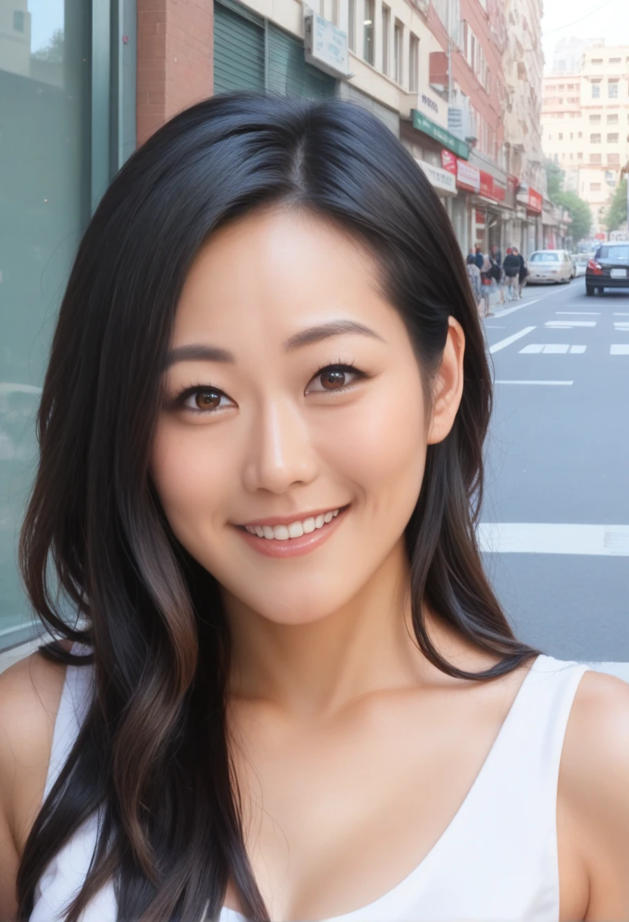 score_9,score_8_up,score_7_up, black hair, long hair, 30 years old woman,brown eyes,detailed face, looking at viewer,fukuharaPNY,outdoors,city streets,subtle smile, wearing a tank top, close-up,detailed skin <lora:fukuharaPNY:1>