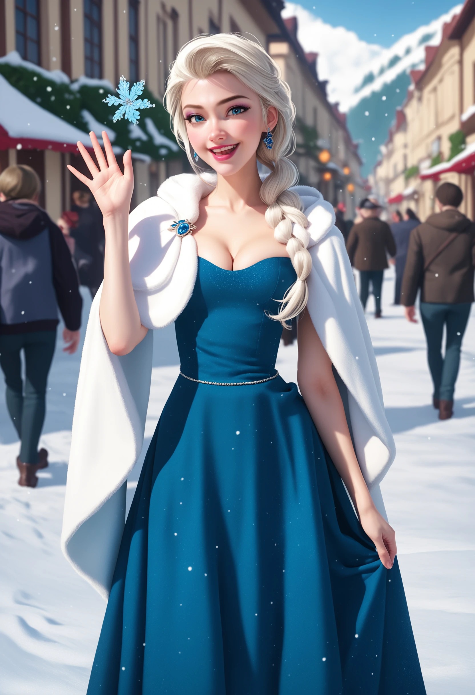 Impressionist painting realistic, score_9, score_8_up, score_7_up, 1girl, solo, source_anime,  elsa \(frozen\), (blue:1.1 cotton dress), gossamer cloak, (frost magic), (snowflakes), platinum blonde braid, dr3ss, standing, long dress, happy, waving, form-fitting, wearing hood, capelet, cleavage, <lora:ERRRH-60-PDXL:0.8>  . Loose brushwork, vibrant color, light and shadow play, captures feeling over form