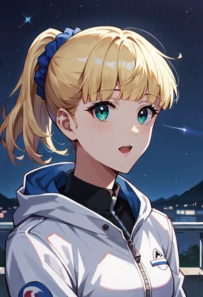 score_9, score_8_up, score_7_up, source_safe, source_anime, teresa wagner, 1girl, solo, blonde hair, bangs, ponytail, blue scrunchie, night, sky, jacket, upper body, night sky, star (sky), outdoors, white jacket, open mouth, starry sky, hood, looking at viewer, cowboy shot