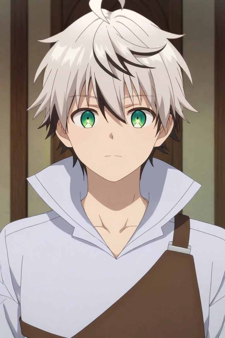 score_9, score_8_up, score_7_up, source_anime, rating_safe, , (3d:0.4), looking at viewer, , 1boy, solo, male focus, <lora:rein_shroud_pony:0.86>, rein_shroud, grey hair, green eyes, short hair, multicolored hair, two-tone hair, black hair, bangs, hair between eyes, ahoge, , deer costume, <lora:sdxl_lightning_8step_lora:1>