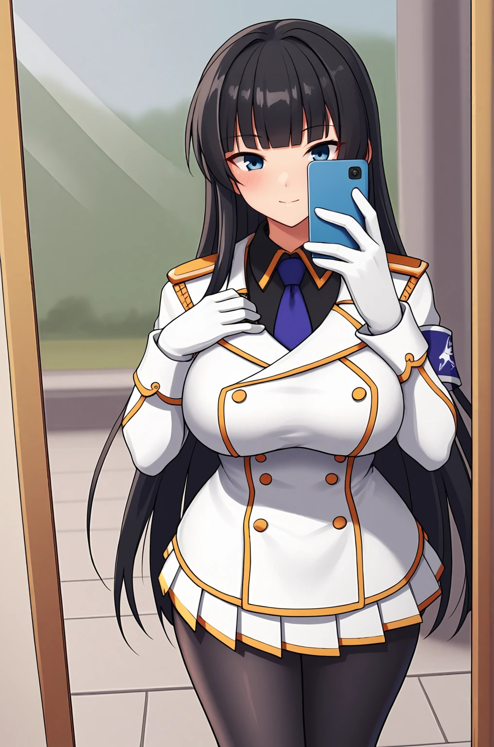 anime artwork, score_9, score_8_up, score_7_up, source_anime, BREAK, thick outline, fat outline,
Ikaruga_XL, long black hair, blunt bangs, hime cut, dark blue eyes, large breasts, BREAK, Ikaruga_Shinobi, white military uniform, golden buttons, golden epaulettes, black shirt, purple tie, long sleeves, aiguillette, armband, white gloves, white pleated skirt, black pantyhose,  BREAK, outdoors, reflection, selfie, mirror, phone, OneFingerSelfieER, blush,
<lora:Ikaruga_XL:0.7>
<lora:PersonalAmi_PonyXL:1.0>