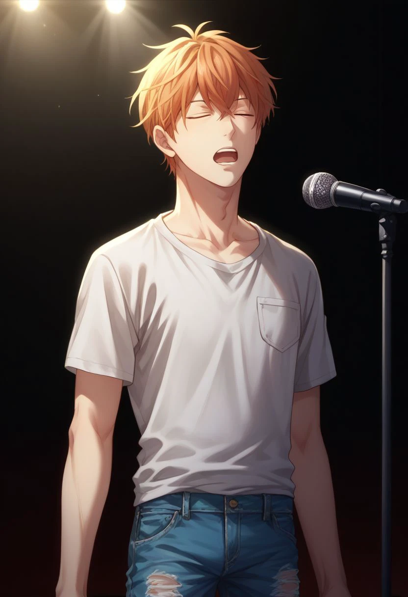 score_9, score_8_up, score_7_up, source_anime, highly detailed, skinny, 
mafuyu, male focus, 1boy, solo, salmon hair, pants, shirt, microphone stand, closed eyes, upper body. torn clothes, denim, torn pants, open mouth, sing,
indoor, dark, stage,