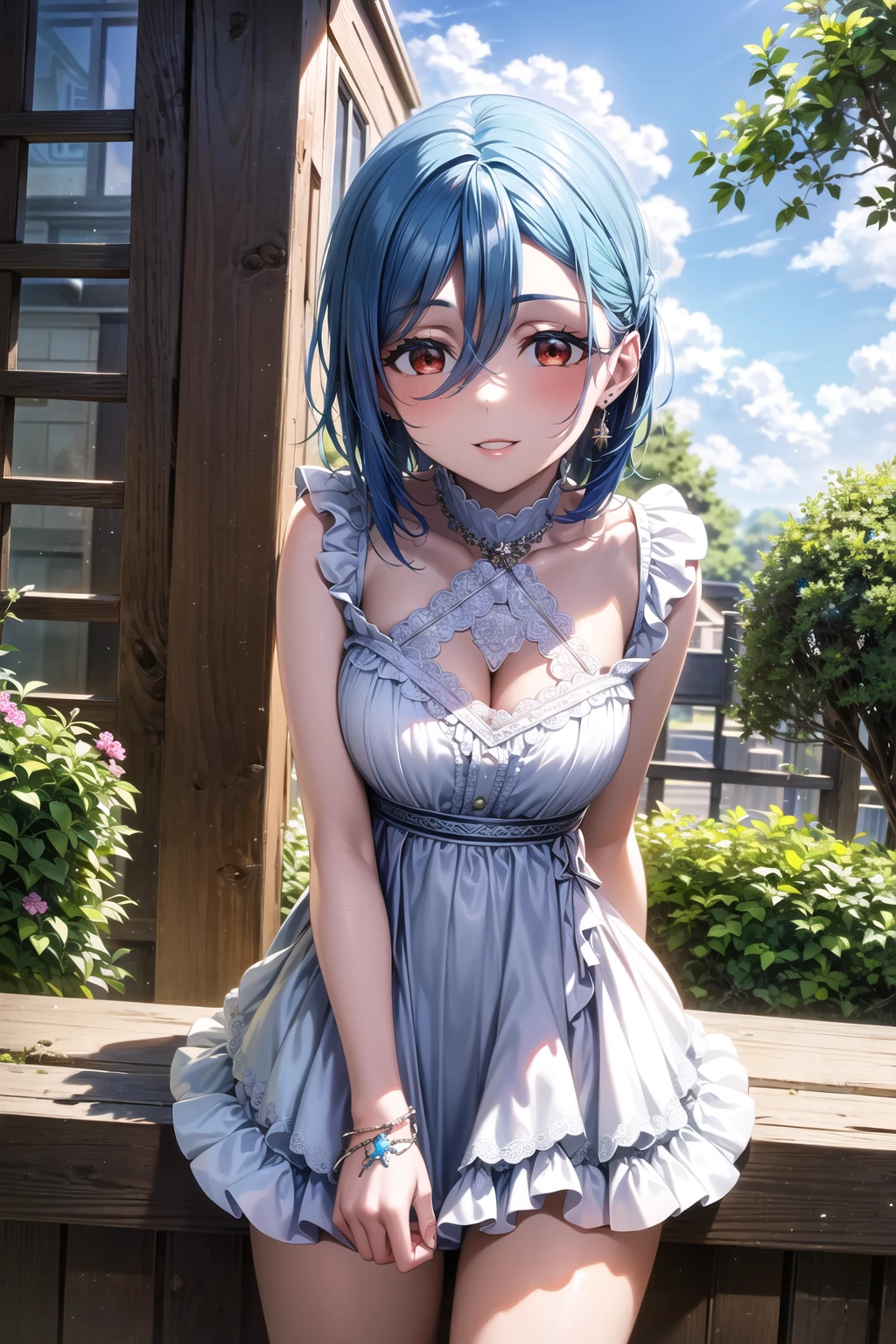 <lora:apstyle2:0.75> apstyle3 apstyle masterpiece best quality detailed eyes masterpiece best quality
1girl, wakana shiki, short hair, blue hair, hair between eyes, jewelry, earrings, bangs, red eyes, <lora:shiki:0.6>, medium breasts, cowboy shot, standing, seductive smile, solo
 dress, frills, frilled dress, short sleeves
(outdoors, greenery, sky:1.1) cowboy shot, light smile, standing, parted lips, (tareme), arms support
<lora:detail_slider_v4:0.5> <lora:more_details:0.3> ah1 <lora:1651489307798708599:0.2>, <lora:GoodHands-vanilla:1> <lora:tareme:0.5>