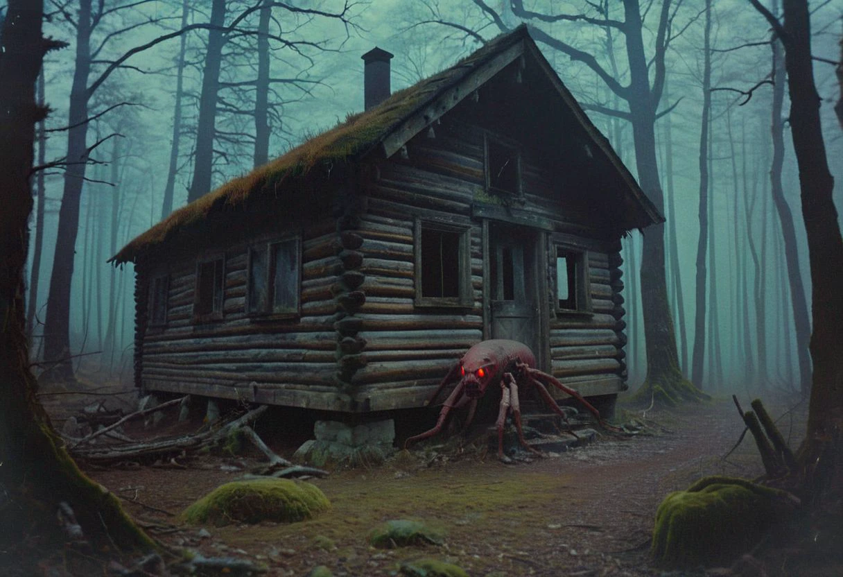 belomo_kodak_gold, In grainy, distressed footage, a group of friends explores an abandoned cabin in the middle of a dark, foggy forest. As they investigate the eerie interior, strange noises are heard. Suddenly, a grotesque creature with multiple limbs and glowing red eyes crawls out from the shadows. The camera captures their panicked screams and frantic attempts to escape, creating a chilling, gothic atmosphere.