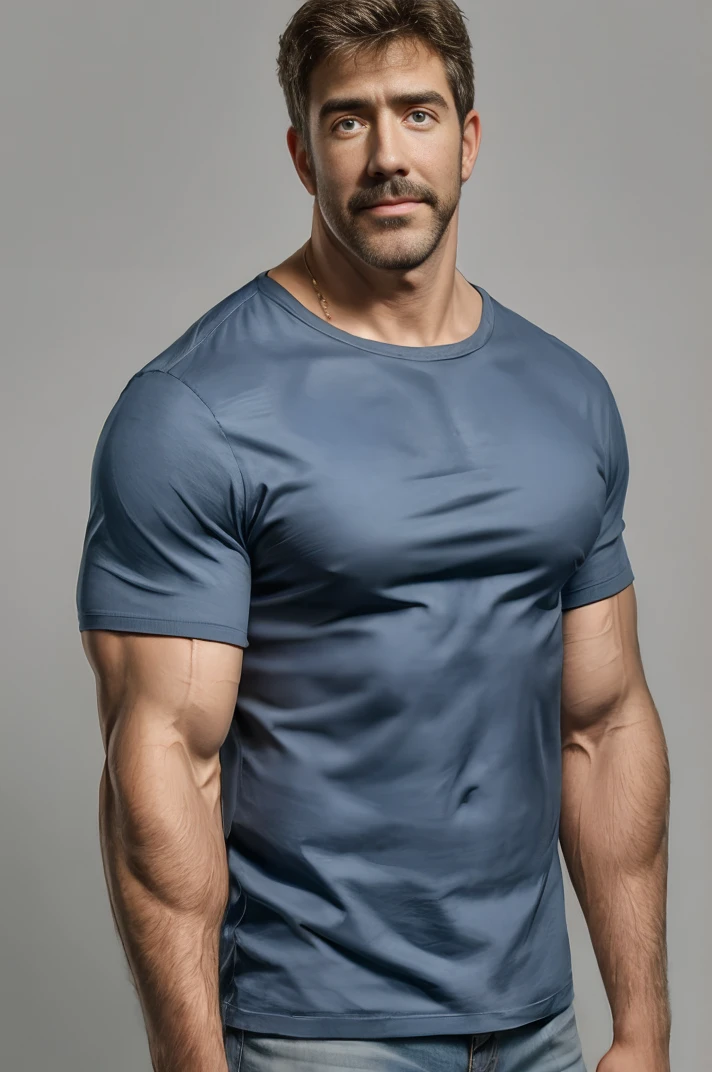 absurdres, <lora:Johness1999:0.9>, johness, tareme, (muscular male:1.1), upper body, blue shirt, grey background