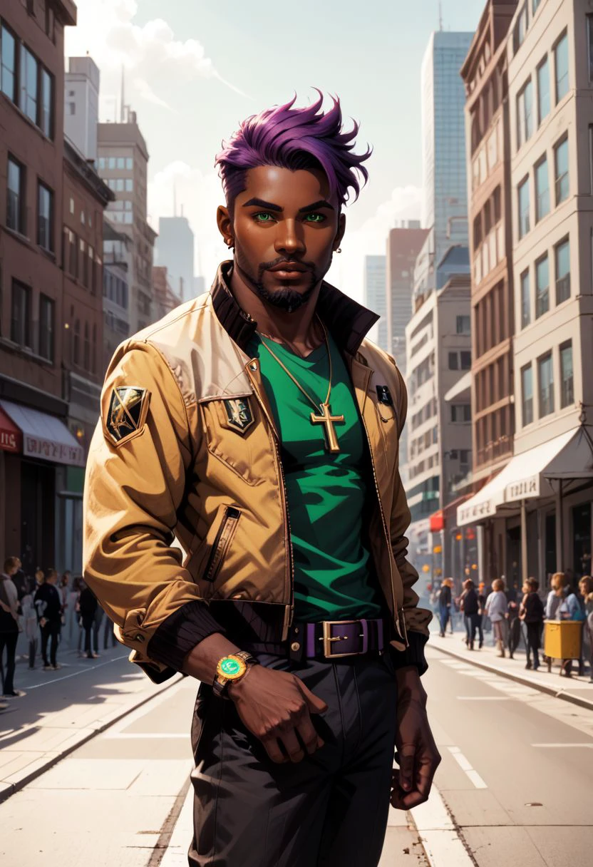 Animated Nightmare Style, 1boy, beard, belt, black pants, brown jacket, building, city, cross, cross necklace, dark skin, dark-skinned male, earrings, facial hair, glowing, goatee, green belt, green eyes, green shirt, jacket, jewelry, looking at viewer, male focus, multicolored jacket, necklace, , open jacket, outdoors, pants, purple hair, shirt, short hair, solo, undercut, watch, wristwatch, yellow jacket, BREAK PonyXLV6_Scores