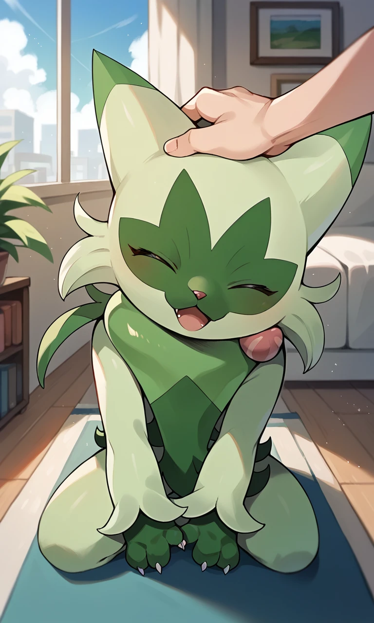 score_9,score_8_up,score_7_up, source_anime, source_furry, 1girl, solo, confident, happy, pokemon, outdoors, floragato, indoors, living room, sitting head tilt, eyes closed, pov, head pat