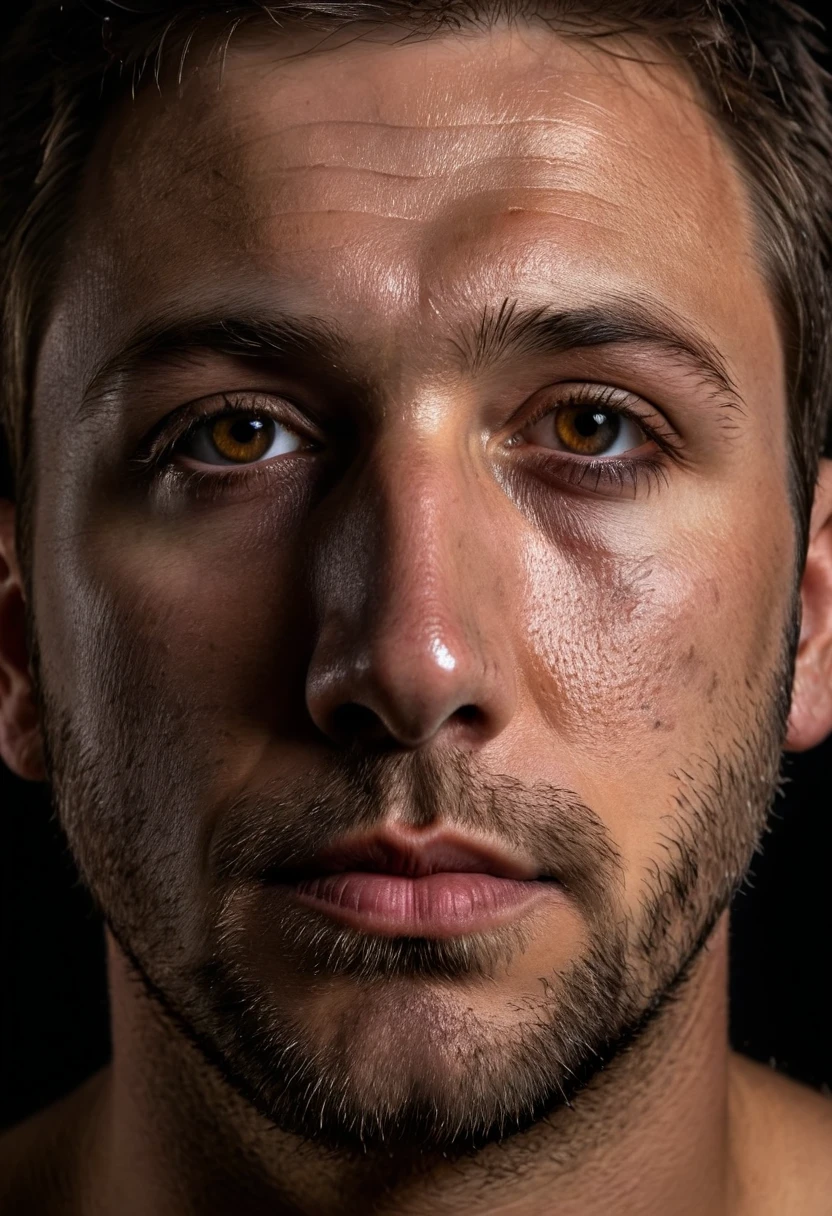 RAW photo, portrait, man, short bears, hazel eyes, high detailed skin, dark light, hard shadows