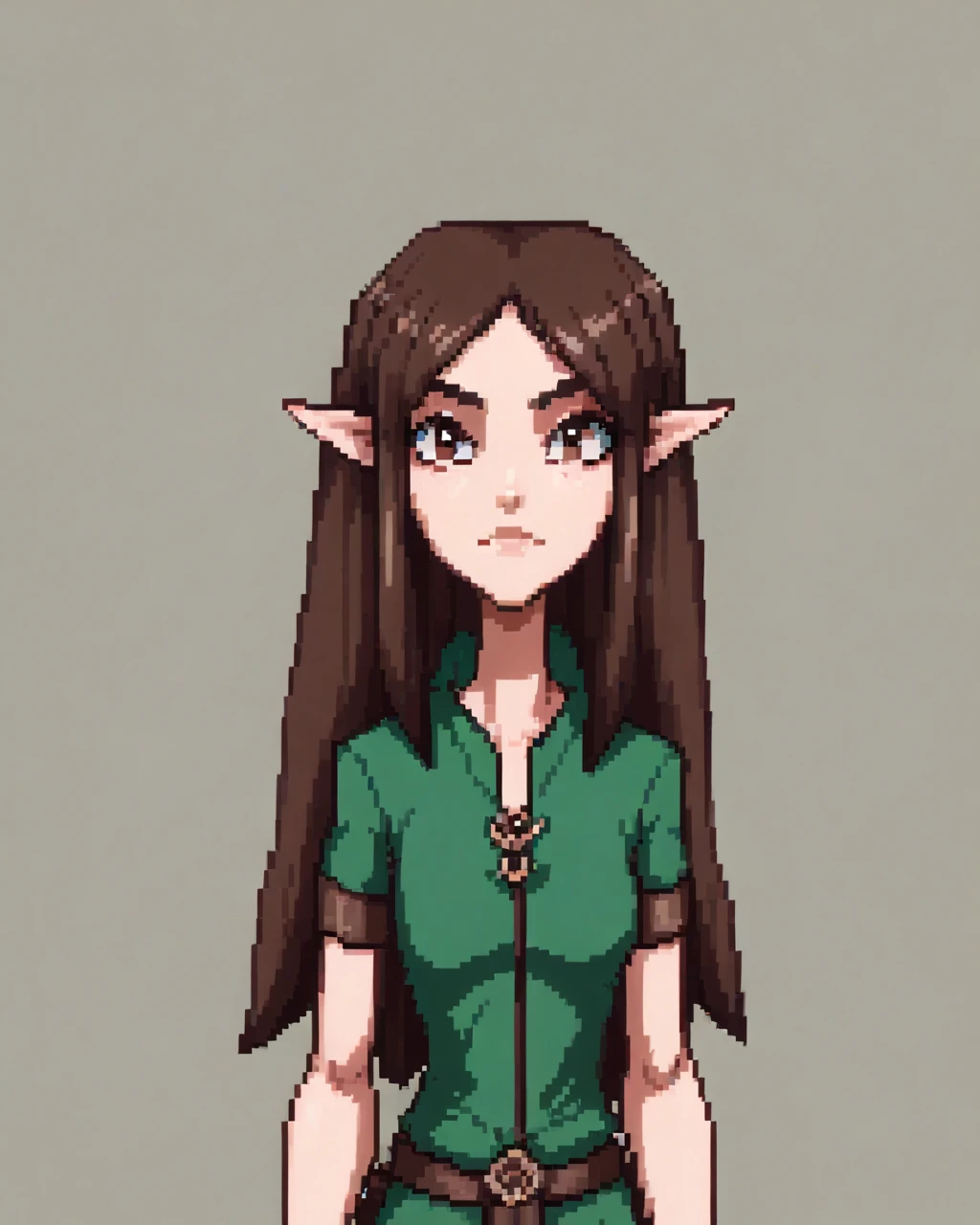 <lora:MnM Woodelf Druid - PDXL:0.7>source_cartoon, score_9, low_poly, upper body, mnm, woodelf, female, pointy ears, dark brown hair, standing, brown eyes, small breasts, pointy breasts, green tunic, green pants, portrait,  facial details, looking at viewer,   <lora:PonyXL_Pixel_Art_Style:1.0> score_9, score_8_up, score_7_up, night time,, source_cartoon, score_9, score_8_up, score_7_up,