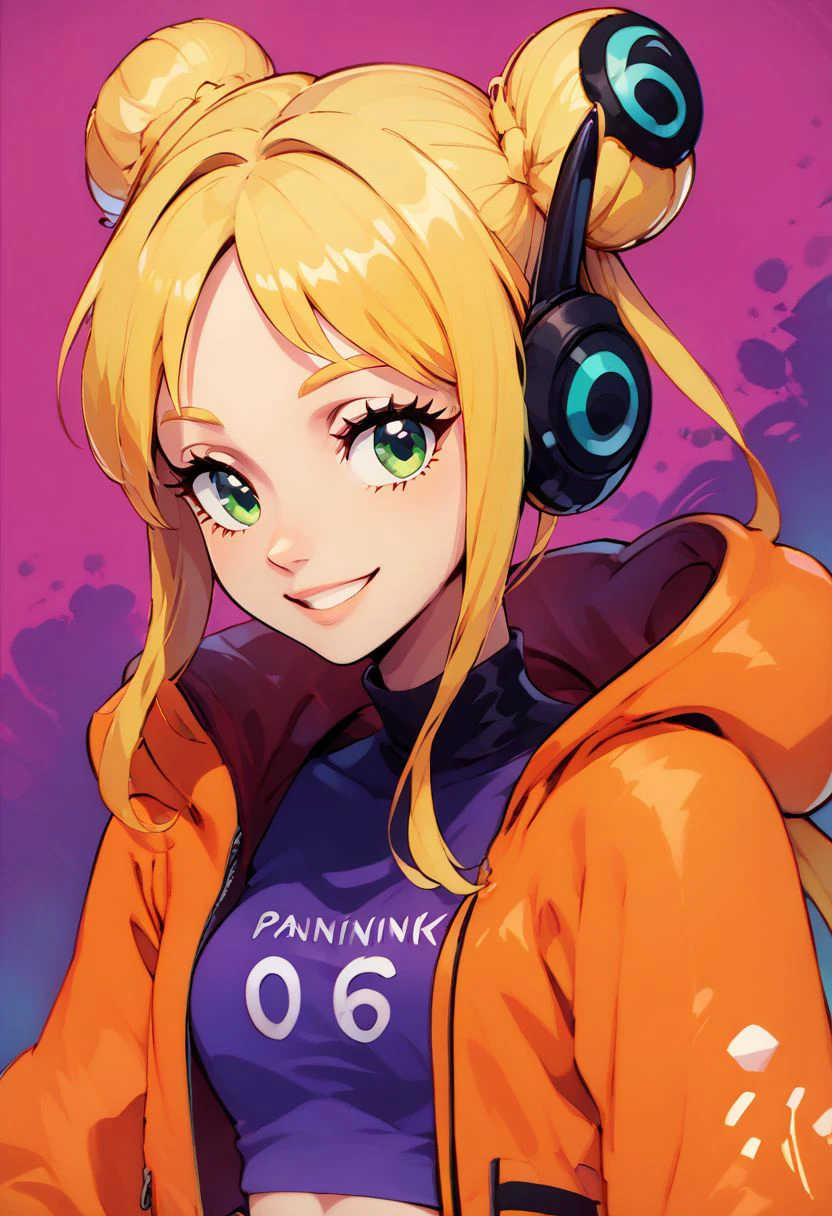 score_9, score_8_up, score_8, medium breasts, (curvy), cute, eyelashes,     
BREAK,
zzvegapunkyork, solo, 1girl, long hair, double bun, hair bun, blonde hair, green eyes, orange jacket, purple crop top, purple bikini, headphones, black gloves,
upper body, 
BREAK,
smile, looking at viewer, 
abstract background, neon background,  
zPDXL,