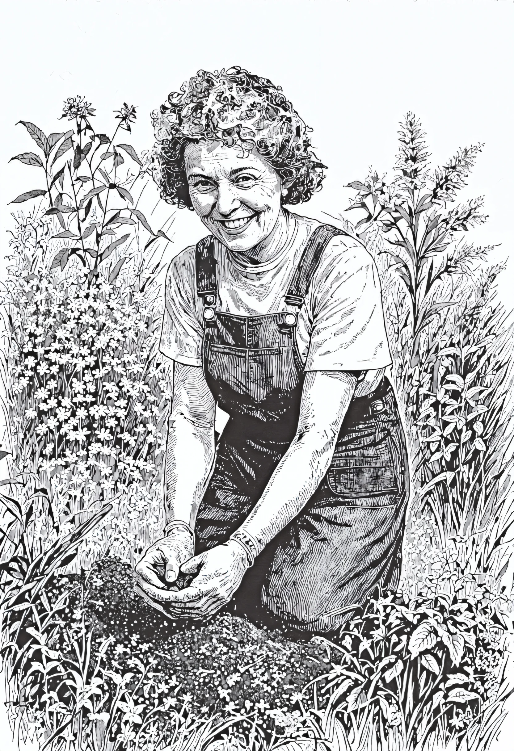 sketch/(ttp/), A middle-aged woman works in her garden, her hands covered in soil as she carefully plants flowers. Her short, curly hair is tied back with a colorful bandana, and she wears a pair of overalls and gardening gloves. Her face is illuminated with a bright smile, and her eyes sparkle with a sense of fulfillment. She moves with a gentle, nurturing touch, clearly finding joy and satisfaction in her gardening work.