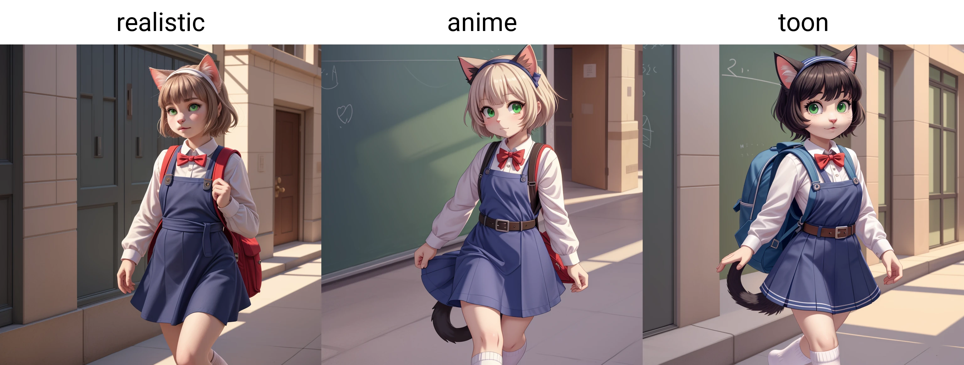 (realistic), 1girl, cat ears, tail, nice hands, perfect hands, green eyes, backpack, pinafore dress, white shirt, white socks, long sleeves, aged down, short hair, belt, red bowtie, bangs, school uniform, blue dress, collared shirt
