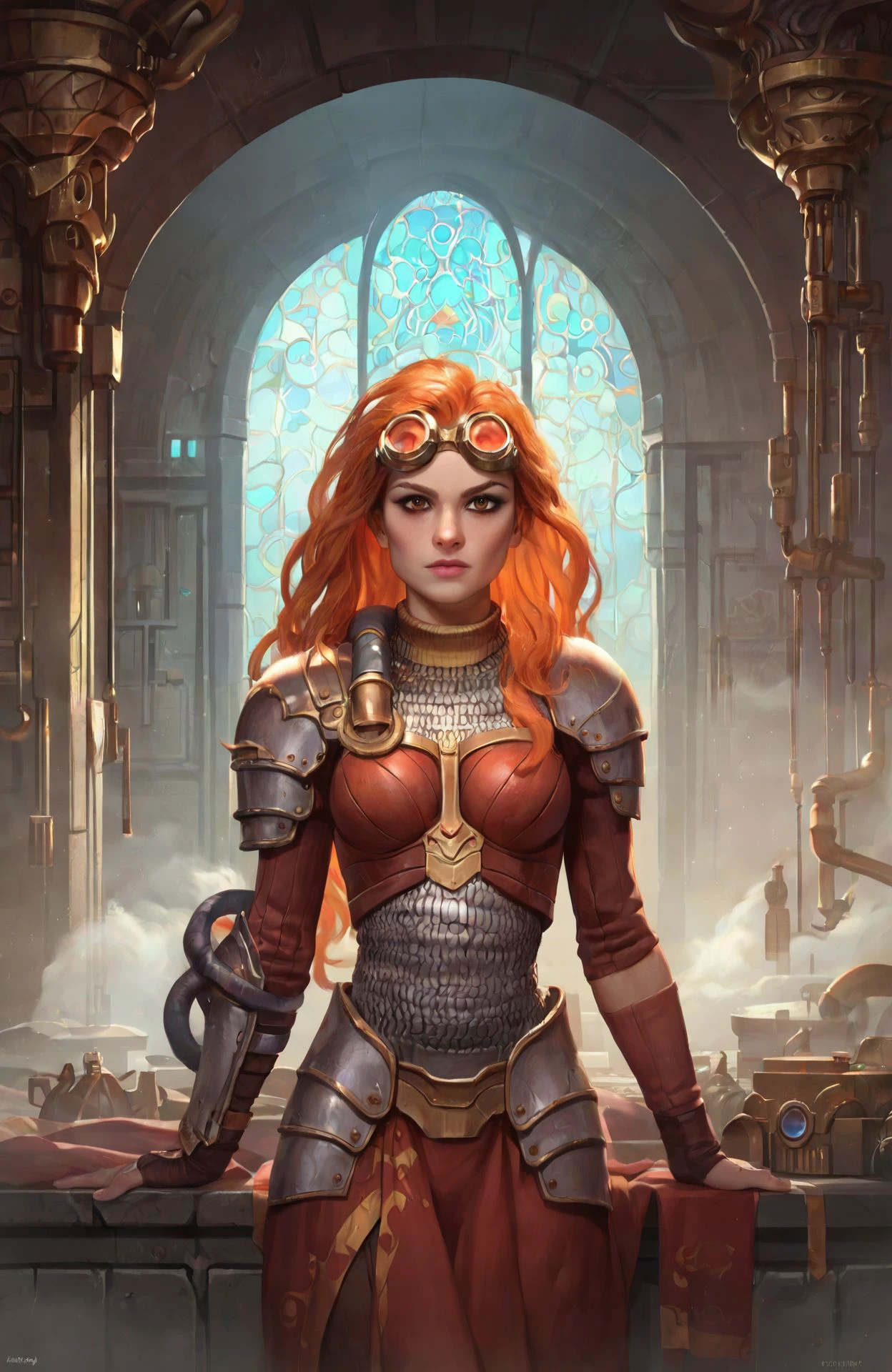 <lora:chandra_pny-9:0.8> chandra, 1girl, long hair, orange hair, brown eyes, goggles on head, looking at viewer, armor, indoors, foundry, smoke, source_cartoon, photoshop \(medium\),, score_9, score_8_up, score_7_up, score_6_up, score_5_up, score_4_up, ponypositive,, (masterpiece, perfectly detailed, detailed face, detailed eyes, beautiful eyes), (ultra HD quality details), 8K, extremely detailed, highres