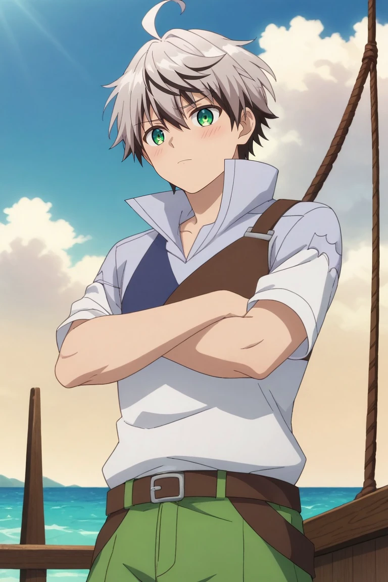 score_9, score_8_up, score_7_up, source_anime, rating_safe, , anime screencap, anime coloring, , , , 1boy, solo, male focus, <lora:rein_shroud_pony:0.76>, rein_shroud, grey hair, green eyes, short hair, multicolored hair, two-tone hair, black hair, bangs, hair between eyes, ahoge, from below, boat, ship, day, clouds, arms under breasts, shy, blush, , <lora:sdxl_lightning_8step_lora:1>