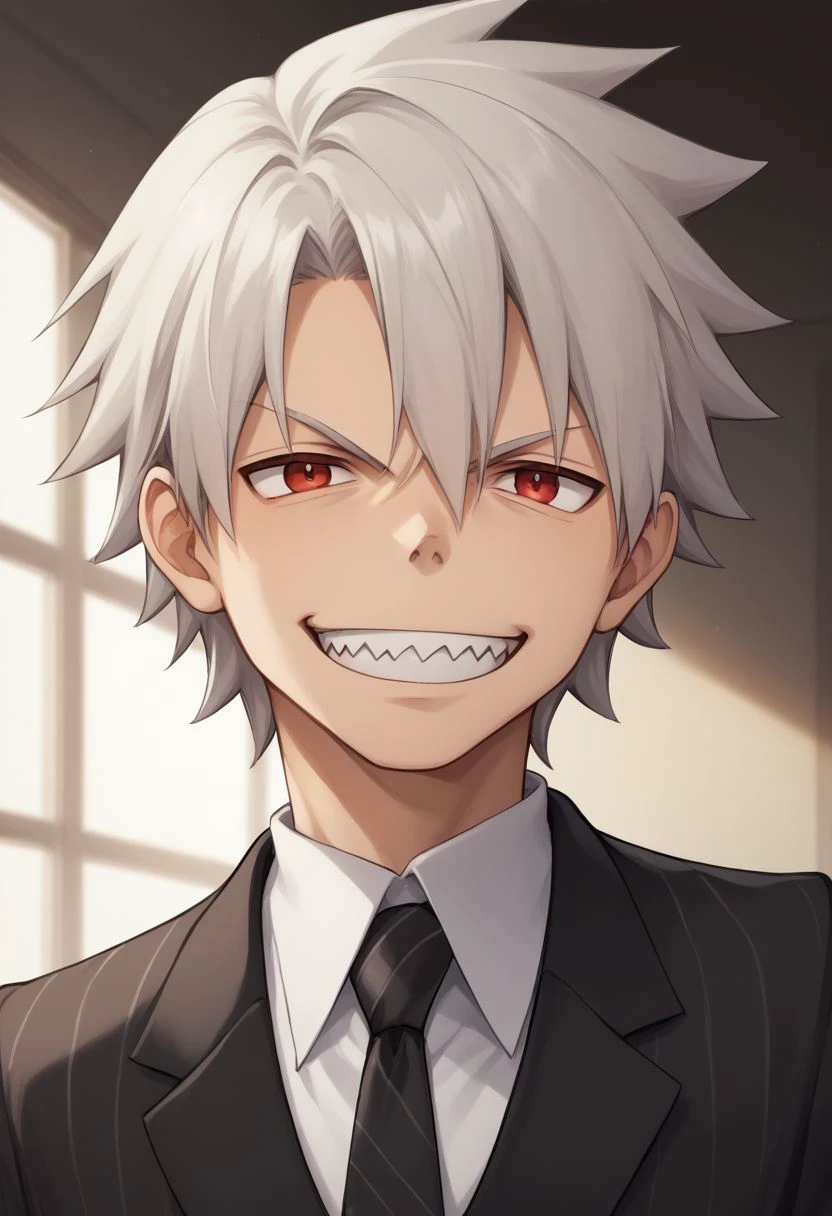 score_9, score_8_up, score_7_up, source_anime, highly detailed, skinny,
soul, 1boy, solo, male focus, formal, suit, black suit, necktie, smile, sharp teeth, teeth, grin, red eyes, white hair, res shirt, collared shirt,
indoor, dark, obscurity,