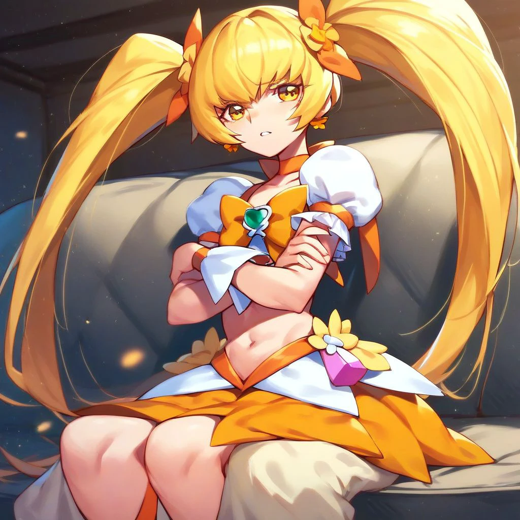 score_9,score_8_up,score_7_up,score_6_up,score_5_up,score_4_up, solo, Cure Sunshine, twintails, long hair, blonde hair, brooch, puffy sleeves, short sleeves, crop top, orange choker, skirt, navel, wrist cuffs, sitting, crossed arms, couch, indoors, parted lips