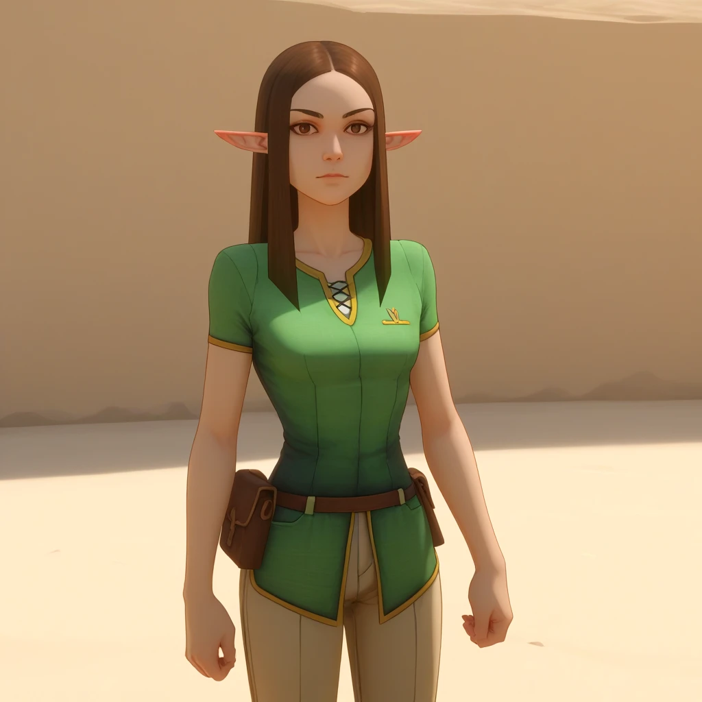 <lora:MnM Woodelf Druid - PDXL:1.5> source_cartoon, score_9, low_poly, mnm, woodelf, female, pointy ears, dark brown hair, standing, brown eyes, small breasts, pointy breasts, green tunic, green pants, portrait,, source_cartoon, score_9, score_8_up, score_7_up,