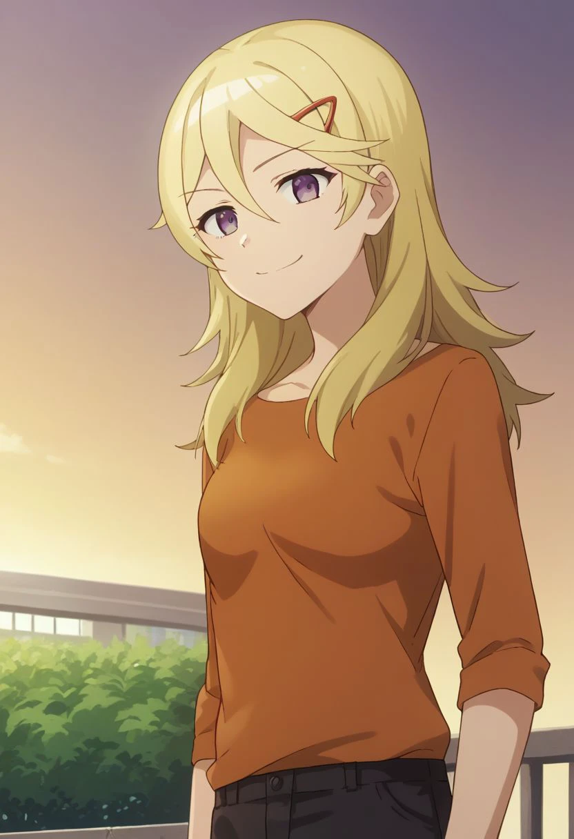 score_9, score_8_up, score_7_up, source_anime, highly detailed, 
landlord, 1girl, solo, blonde hair, hair ornament, hair between eyes, hairclip, pants, upper body, orange shirt, purple eyes, black pants, shirt, smile,
outdoor, sky,