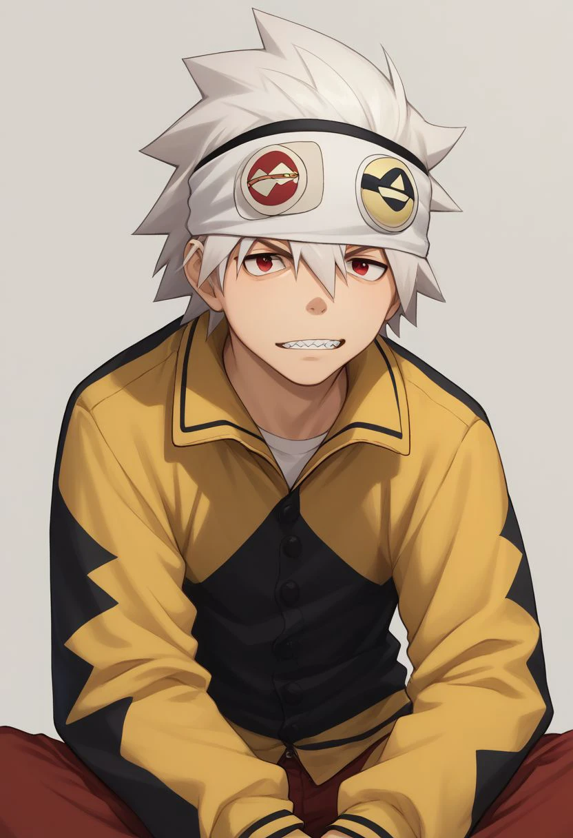 score_9, score_8_up, score_7_up, source_anime, highly detailed, skinny,
soul, 1boy, solo, male focus, jacket, black jacket, yellow jacket, two-colours jacket, red eyes, teeth, pants, white hair, spiked hair, headband, hair between eyes, long sleeves, red pants, upper body,
outdoor, sit,