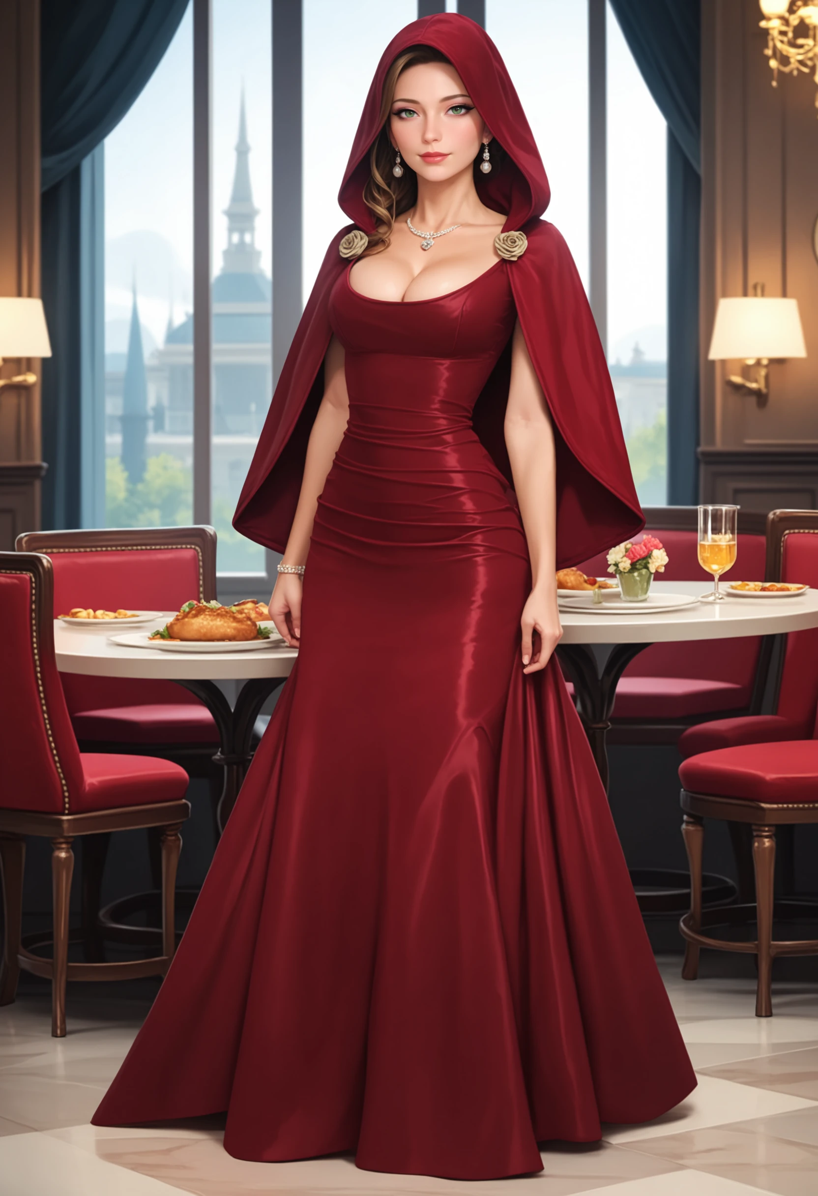 score_9, score_8_up, score_7_up, score_6_up, elegant restaurant, mature female, solo, dr3ss, standing, long dress, full body, red dress, veiled hood,  capelet,  cleavage, <lora:ERRRH-60-PDXL:0.9>