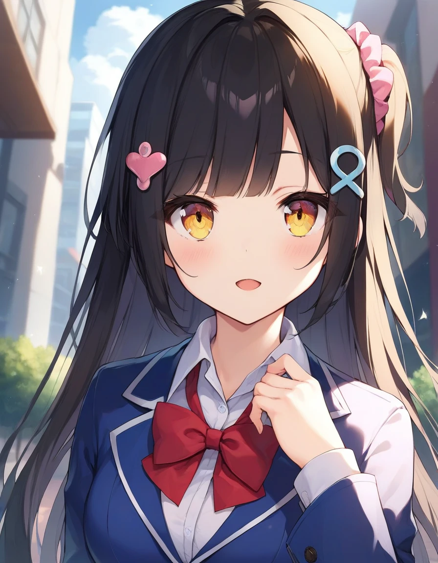 score_9,score_8_up,score_7_up,score_6_up BREAK official art,solo,outdoors,upper body,(portrait:1.5),looking at viewer,facing viewer,Tomori Ayana,very long hair,black hair,one side up,hair ornament,hair scrunchie,pink scrunchie,blunt bangs,yellow eyes,school uniform,blue jacket,blazer,red bowtie,white shirt,collared shirt,long sleeves,medium breasts,skindentation,miniskirt,blue skirt,pleated skirt,plaid skirt,zettai ryouiki,white thighhighs,loafers,<lora:Tomori Ayana(mf)-Pony:1.1>,<lora:Smooth Anime Style LoRA XL:0.8>,