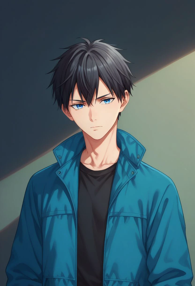 score_9, score_8_up, score_7_up, source_anime, highly detailed, skinny, short neck,
ueno, 1boy, male focus, solo, black hair, blue eyes, jacket, black shirt, looking at viewer, shirt, upper body, blue jacket, hood, closed mouth,
indoor,