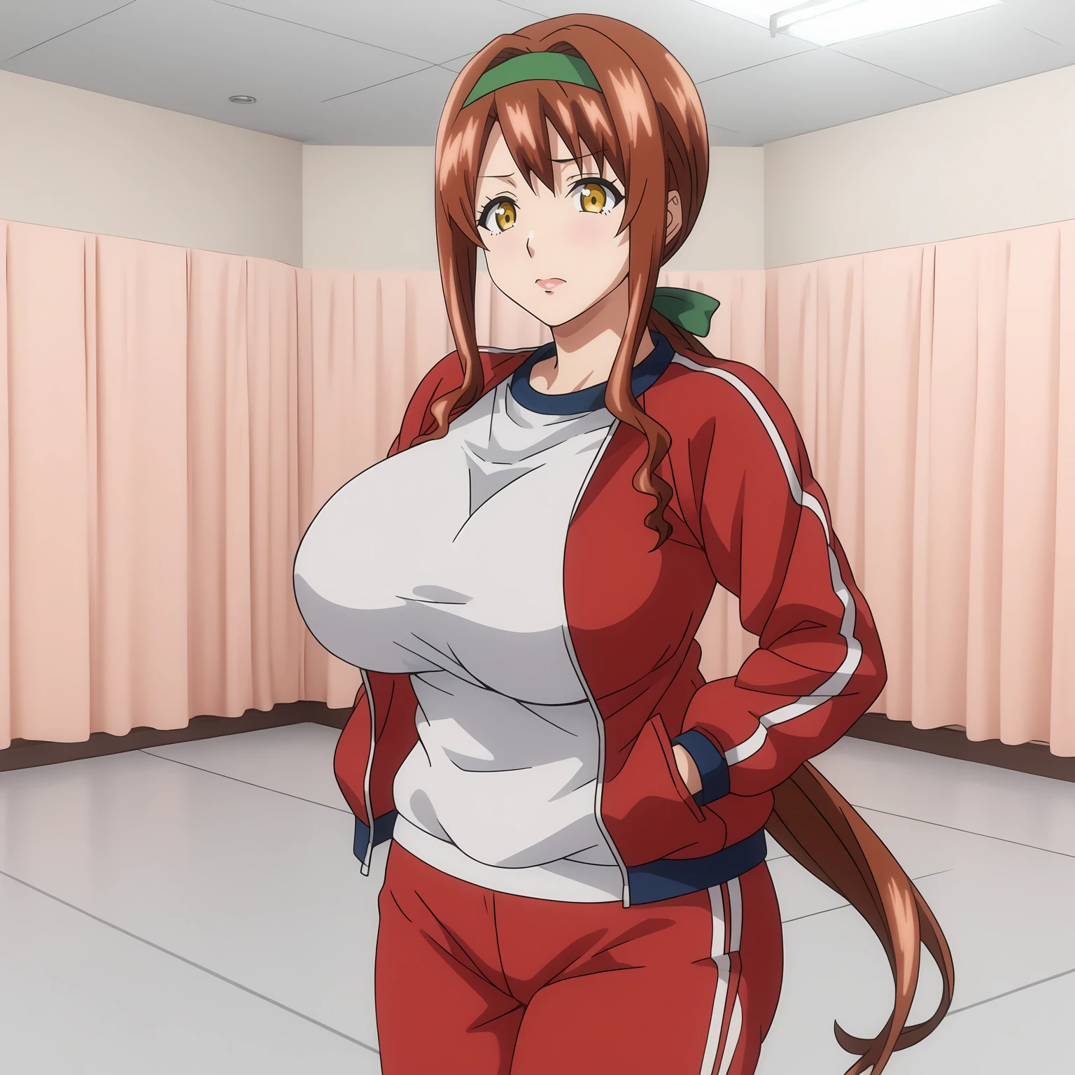 <lora:HarukaShigaXLpony001>,
solo,
HarukaShiga,1girl,brown hair,green hair band,low ponytail,yellow eyes,
large breasts,
gym uniform,red jacket,
red pants,