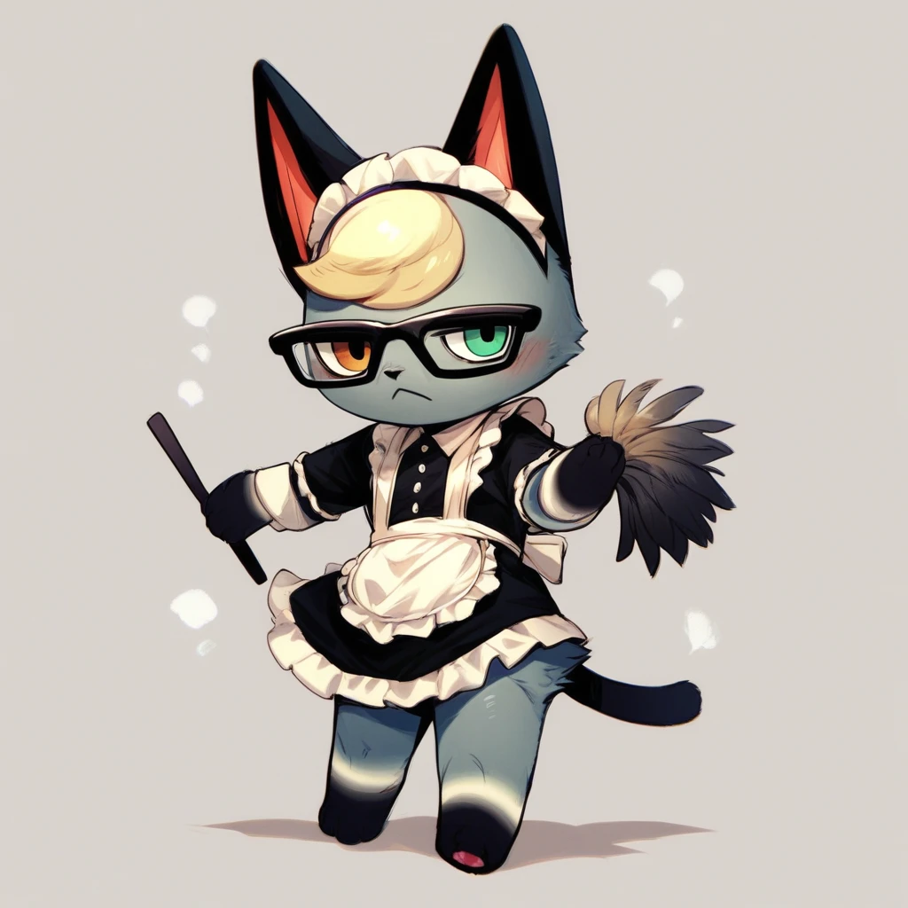 score_9, score_8_up, score_7_up, raymond (animal crossing), grey fur, glasses, heterochromia, blonde hair, cat, furry male, 1boy, solo, maid outfit, holding feather duster, neutral expression