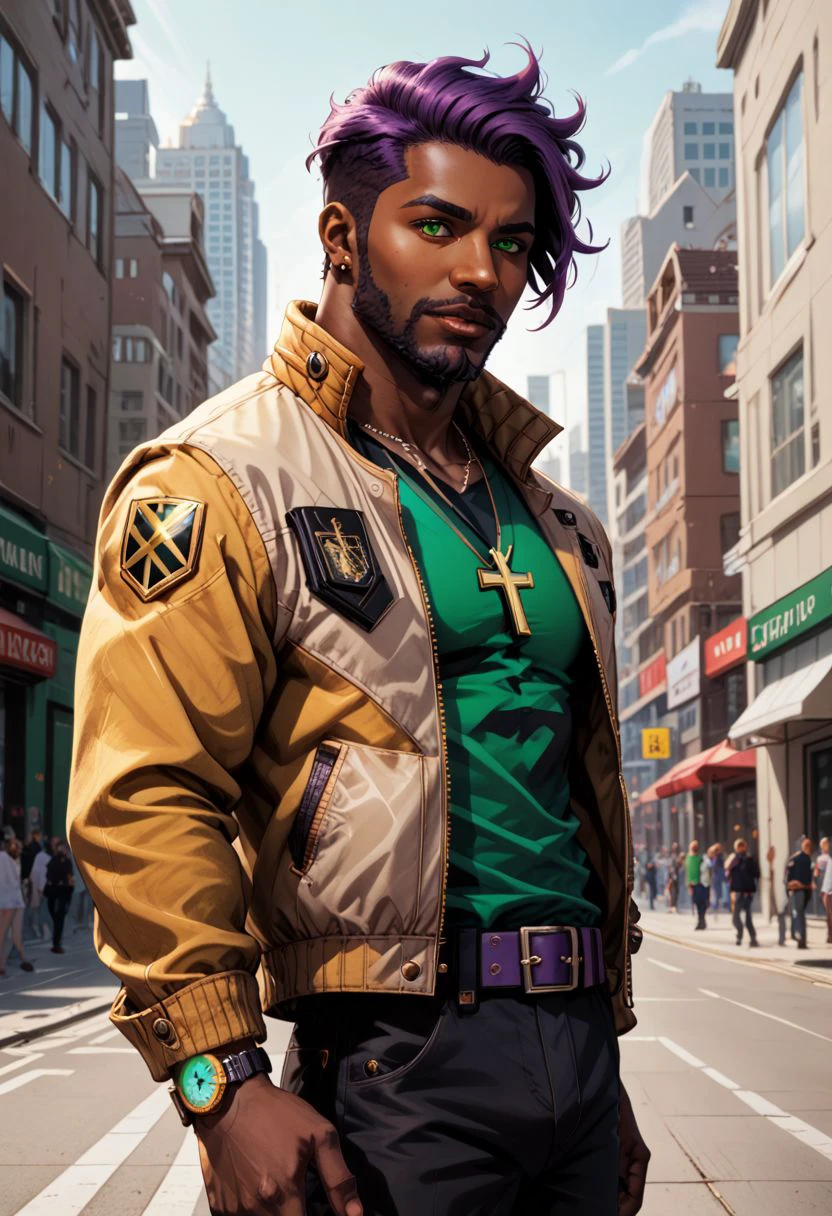 Animated Nightmare Style, 1boy, beard, belt, black pants, brown jacket, building, city, cross, cross necklace, dark skin, dark-skinned male, earrings, facial hair, glowing, goatee, green belt, green eyes, green shirt, jacket, jewelry, looking at viewer, male focus, multicolored jacket, necklace, , open jacket, outdoors, pants, purple hair, shirt, short hair, solo, undercut, watch, wristwatch, yellow jacket, BREAK PonyXLV6_Scores