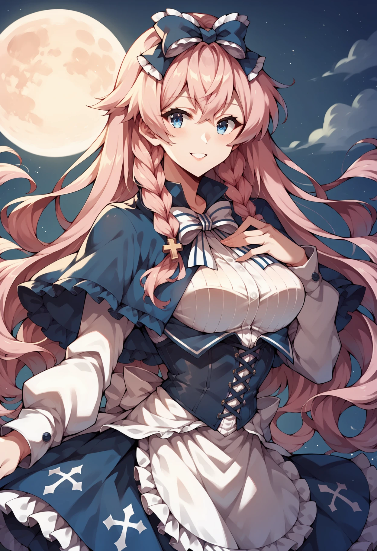 score_9, score_8_up, score_7_up, score_6_up, score_5_up, score_4_up, source_anime BREAK <lora:Harpae-v1:1> 1girl, harpae, hair bow, blue eyes, very long hair, wavy hair, pink hair, braids, blue capelet, bowtie, shirt, white sleeves, blue corset, skirt, apron
ht, moon, sky, stars, cowboy shot, upper body, hand on chest, smile, soft smile, parted lips