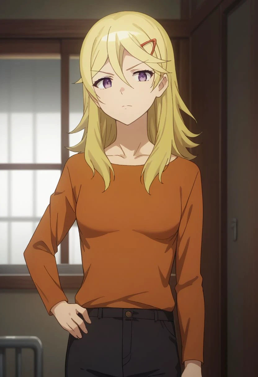 score_9, score_8_up, score_7_up, source_anime, highly detailed, 
landlord, 1girl, solo, blonde hair, hair ornament, hair between eyes, hairclip, pants, orange shirt, purple eyes, black pants, shirt, hand on hip, upper body,
indoor,