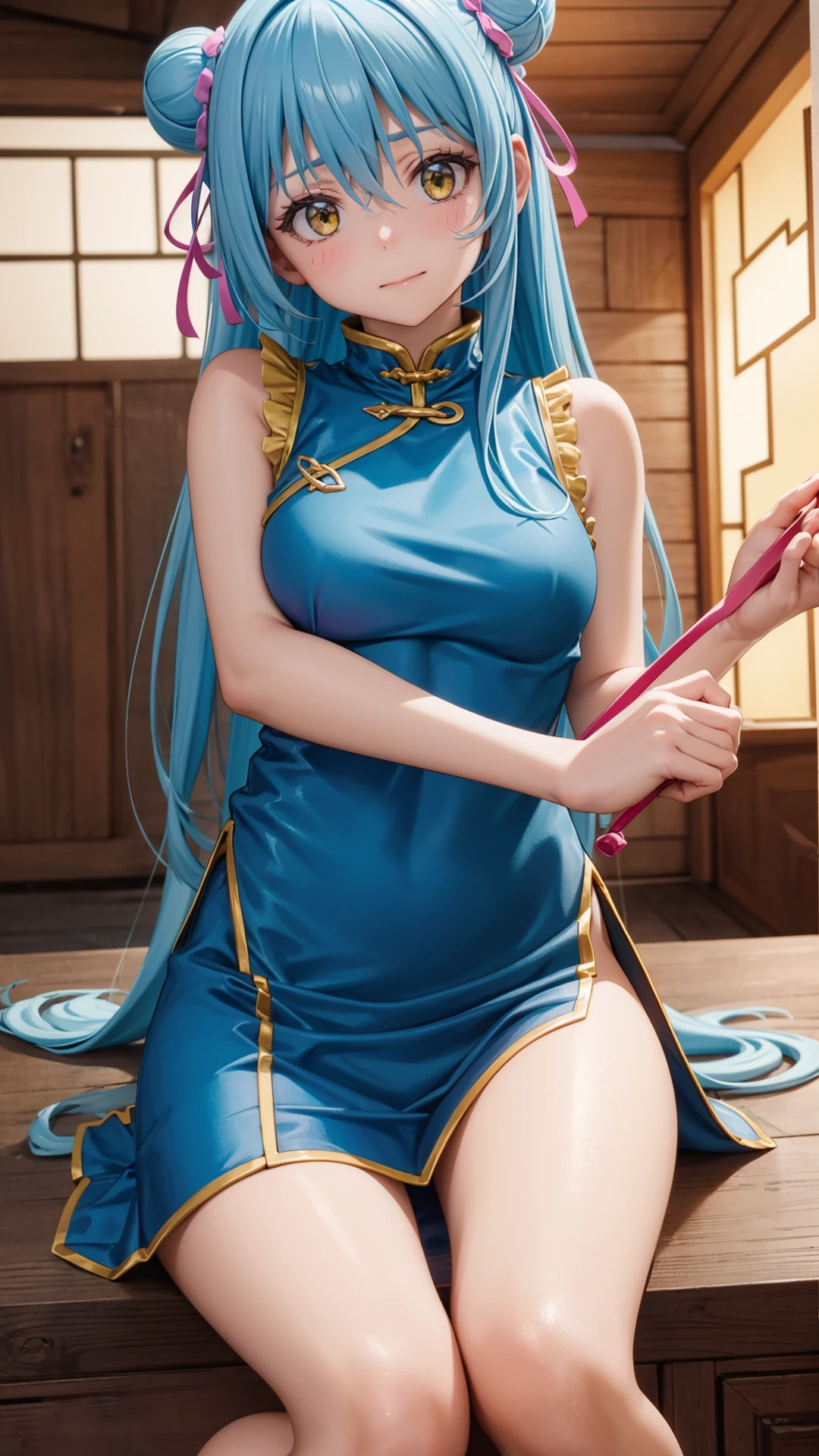 (masterpiece, best quality),ray tracing,absurdres,HDR,1girl,long hair,light blue hair, rimuru tempest, yellow eyes,large breasts, china dress, ribbon, sleeveless, closed mouth, hair between eyes, double bun, chinese clothes, dress, sleeveless dress, blue dress, bangs, , hair bun, shiny hair, hair ribbon, blush, shiny, floating hair, pink ribbon, looking at viewer, sitting, sweatdrop, , short dress, straight hair,  very long hair, purple ribbon, solo, , , ,barefoot, <lora:rimuru hagun:0.7>