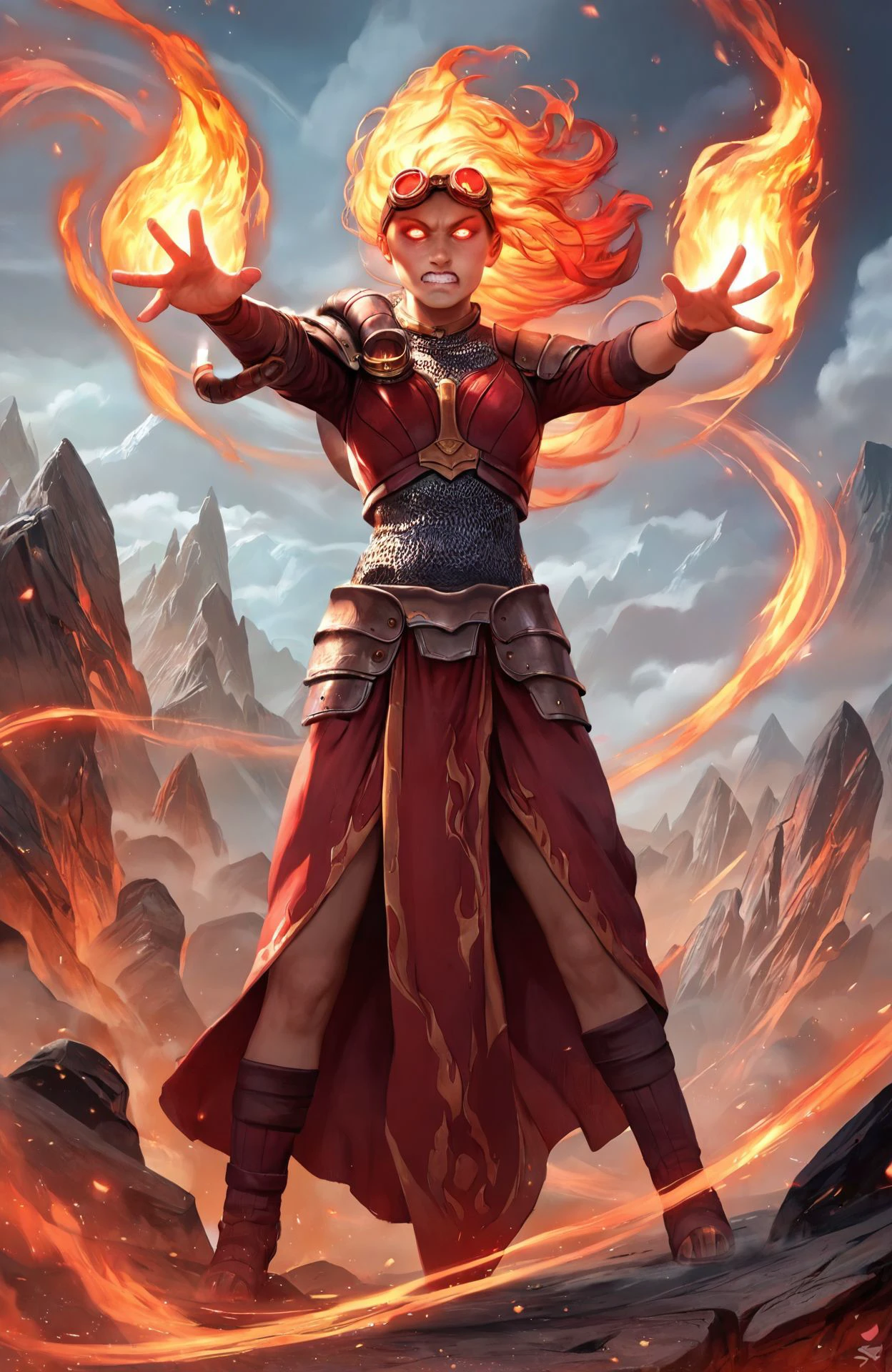 <lora:chandra_pny-9:0.8> chandra, 1girl, long hair, fiery hair, glowing eyes, goggles on head, armor, outdoors, rocks, overcast, cloudy sky, volcano, sharp rocks, steam, magic, pyrokinesis, light particles, fire, spread arms, looking at viewer, clenched teeth, red theme, from above, dutch angle, wall of fire, source_cartoon, source_anime, photoshop \(medium\),, score_9, score_8_up, score_7_up, score_6_up, score_5_up, score_4_up, ponypositive,, (masterpiece, perfectly detailed, detailed face, detailed eyes, beautiful eyes), (ultra HD quality details), 8K, extremely detailed, highres