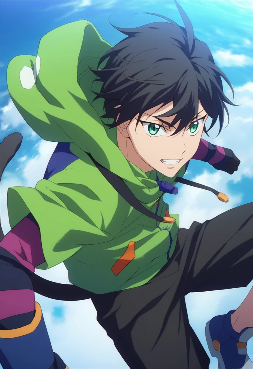 score_9, score_8_up, score_7_up, score_6_up, highly detailed, masterpiece, best quality,detailed,intricate details, amazing quality, best aesthetic, absurdres,source_anime,
male focus, 1boy, Miya Chinen, black hair, green eyes, male focus,
green hoodie,
hood down,
striped gloves,
cat tail,
black shorts<lora:EMS-399351-EMS:1.000000>