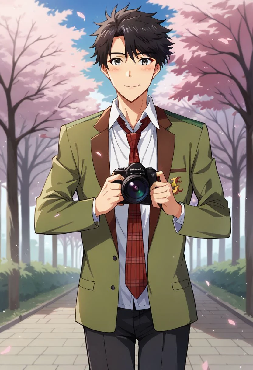 score_9, score_8_up, score_7_up, source_safe, source_anime, mitsuyoshi tada, 1boy, solo, black hair, grey eyes, school uniform, green jacket, red necktie, checkered necktie, black pants, holding camera, smile, blush, looking at viewer, cowboy shot, cherry blossom trees, light particles