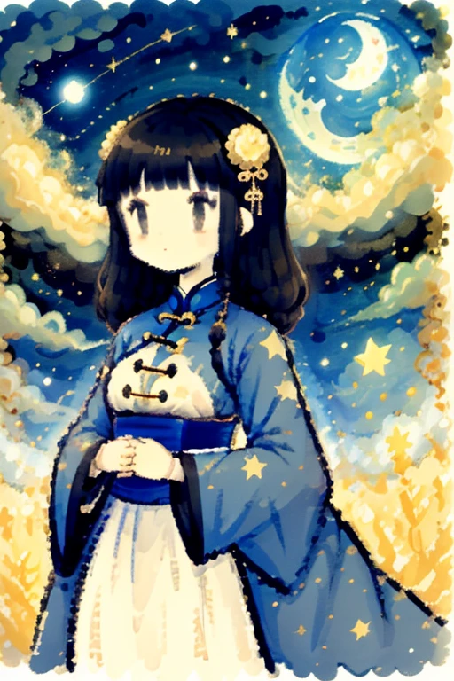 a woman wearing traditional Chinese clothing,CXY,<lora:CXY-000004:0.9>,moon,starry sky,filed,(night),best quality,