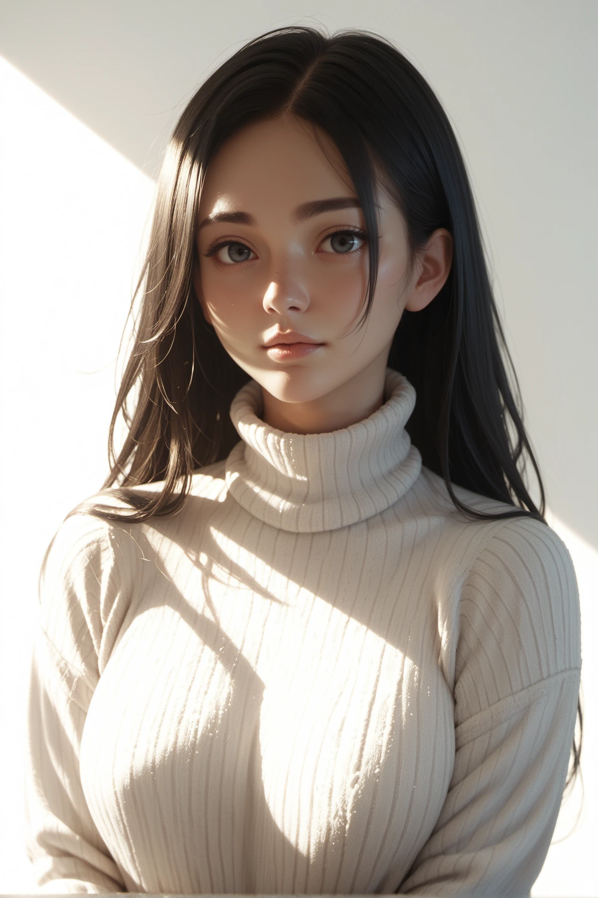 score_9, score_8_up, score_7_up,score_6_up, score_5_up, 1girl, upper body,  black long hair,  looking at the viewer, Long sleeve sweater,  front lighting, simple background,