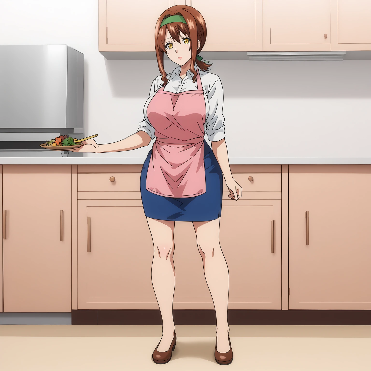 <lora:HarukaShigaXLpony001>,
solo,
HarukaShiga,1girl,brown hair,green hair band,low ponytail,yellow eyes,
large breasts,
full body,standing,
white shirt,collared_shirt,pink apron,
pencil_skirt,blue skirt,