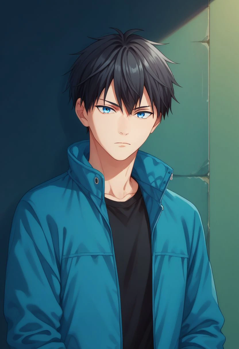 score_9, score_8_up, score_7_up, source_anime, highly detailed, skinny, short neck,
ueno, 1boy, male focus, solo, black hair, blue eyes, jacket, black shirt, looking at viewer, shirt, upper body, blue jacket, hood, closed mouth,
indoor,