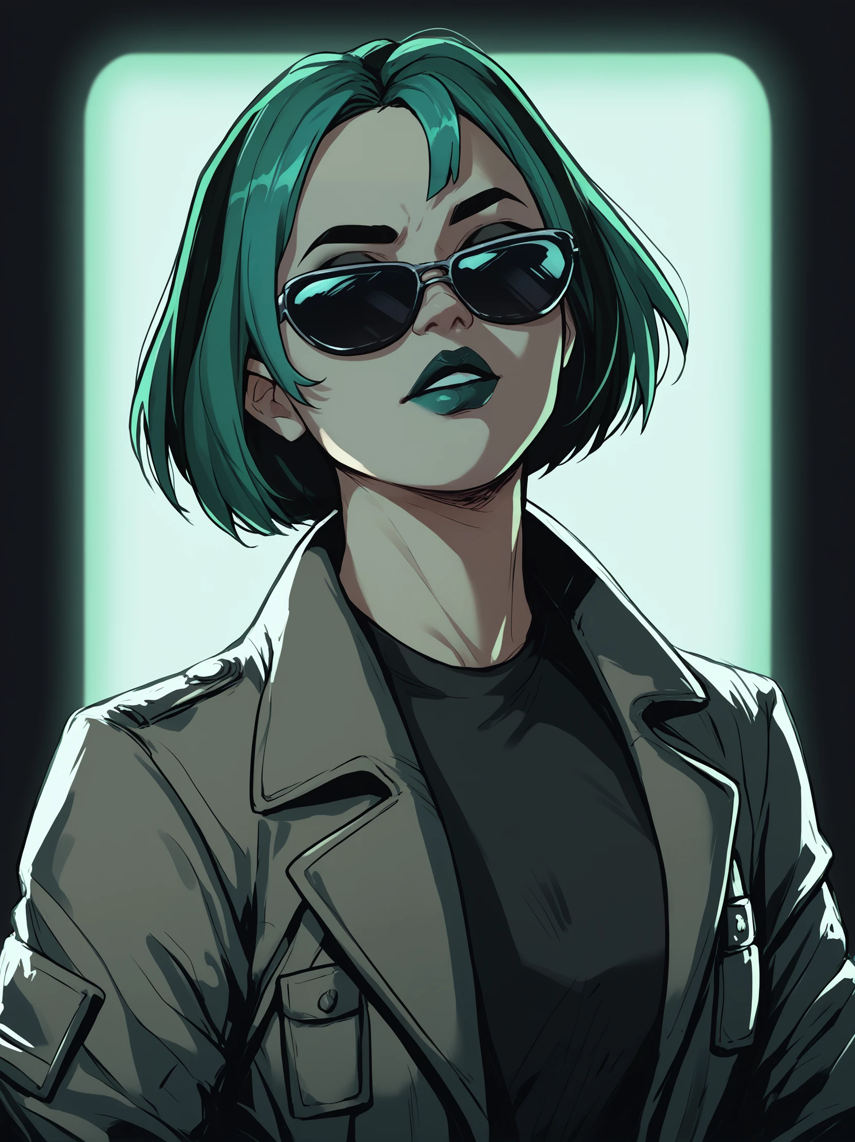 score_9, score_8_up, score_7_up, <lora:gwentd-guy-PONY-LyCORIS-v1:.9>, gwentd, 1girl, solo, two-tone hair, lipstick, makeup, portrait, sunglasses, trench coat, black background, the matrix, gloves, glowing, neon lights, green theme, black jacket, parted lips,