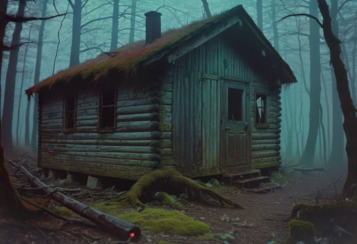 belomo_kodak_gold, In grainy, distressed footage, a group of friends explores an abandoned cabin in the middle of a dark, foggy forest. As they investigate the eerie interior, strange noises are heard. Suddenly, a grotesque creature with multiple limbs and glowing red eyes crawls out from the shadows. The camera captures their panicked screams and frantic attempts to escape, creating a chilling, gothic atmosphere.