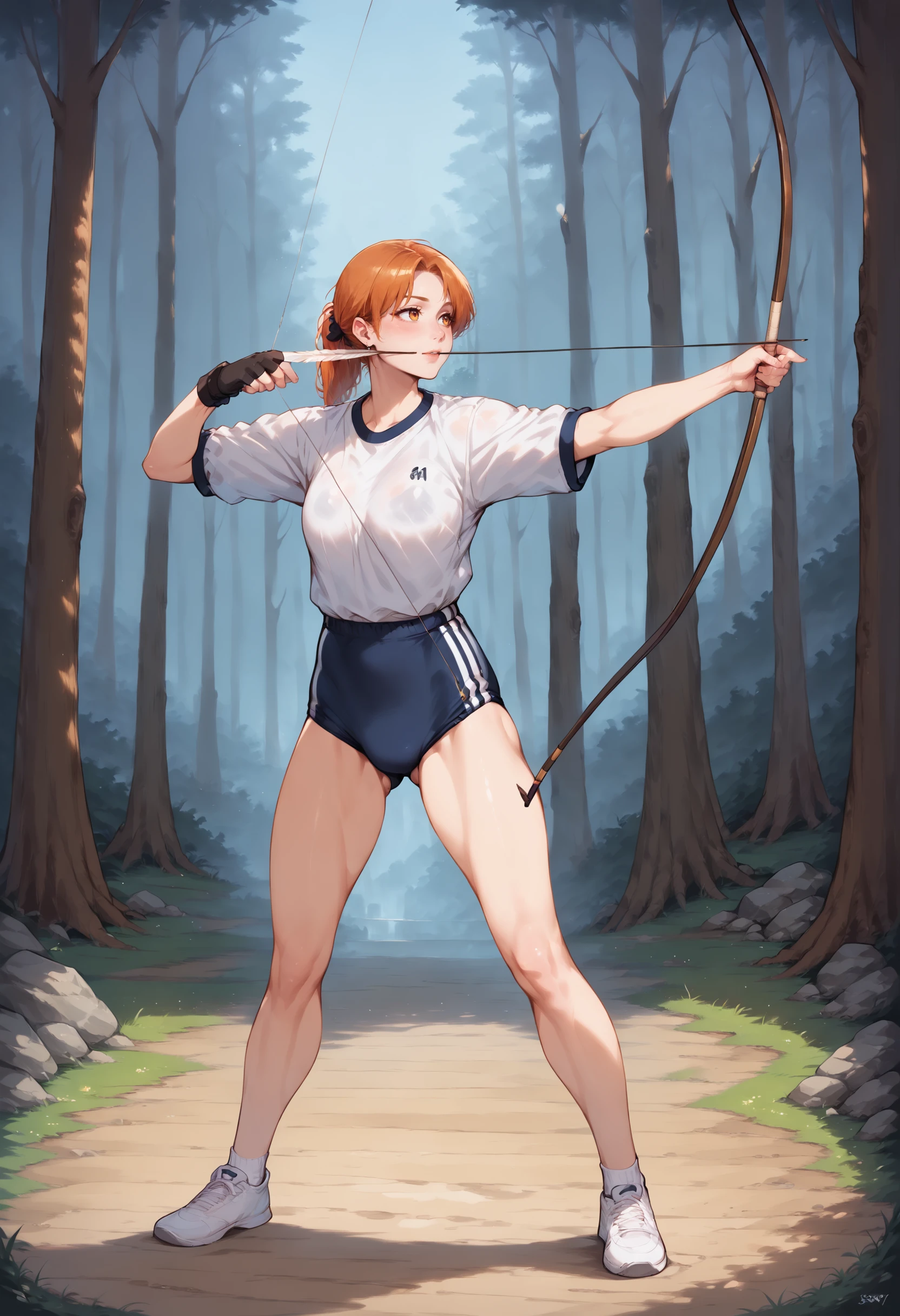 score_9,score_8_up,score_7_up,best quality,masterpiece,super detailed,extreme detailed,full_body,zPDXL BREAK 1girl,breasts,
<lora:Pony_DetailV2.0:1> BREAK kyudo-aiming,aiming,arrow (projectile),bow (weapon),drawing bow,holding arrow,holding bow (weapon),partially fingerless gloves,yugake,<lora:kyudo-aiming-pony-v15:0.8>,gym uniform,buruma,forest,